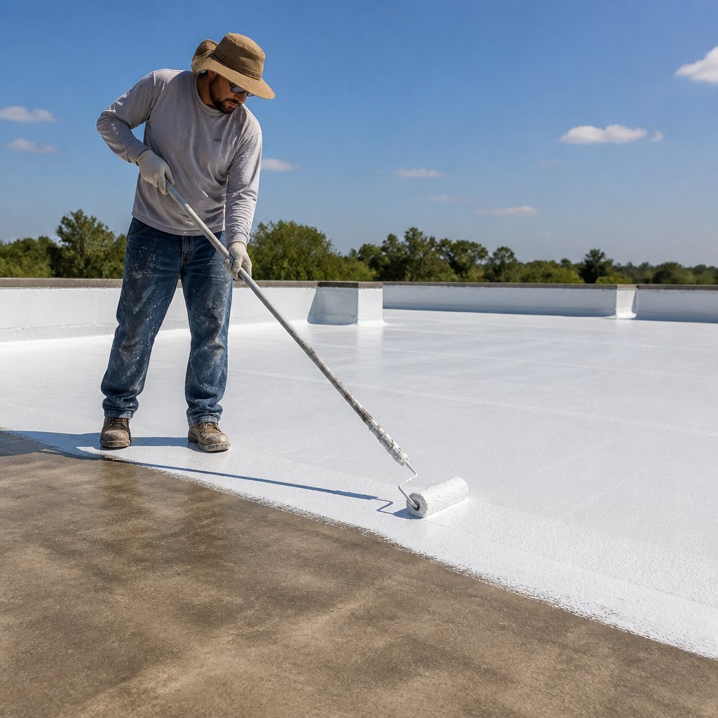 worker with long handled roller applying white elastomeric roof coating over flat commercial roof membrane