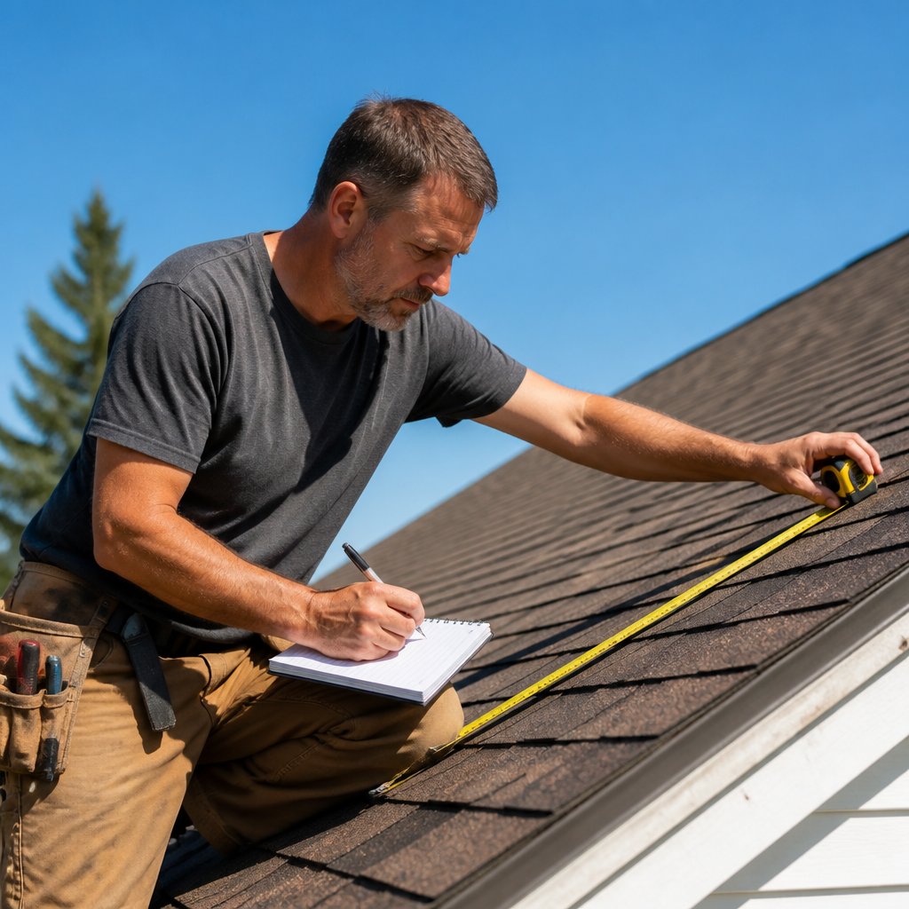 roofing contractor on simple gable roof measuring roof section with tape measure and writing in notepad
