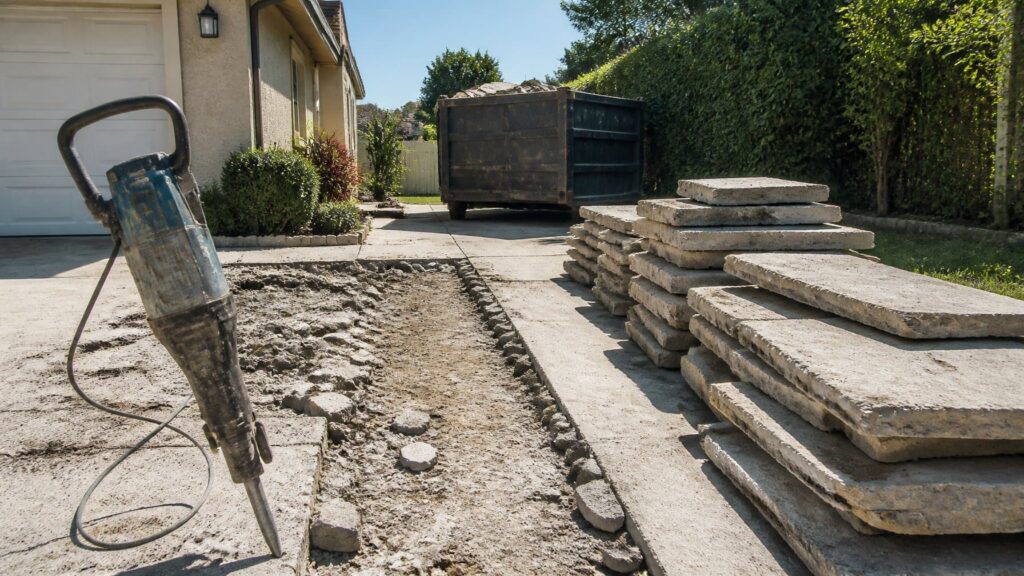 what does concrete driveway demolition cost and what are the disposal options shown with partial driveway removal and dumpster