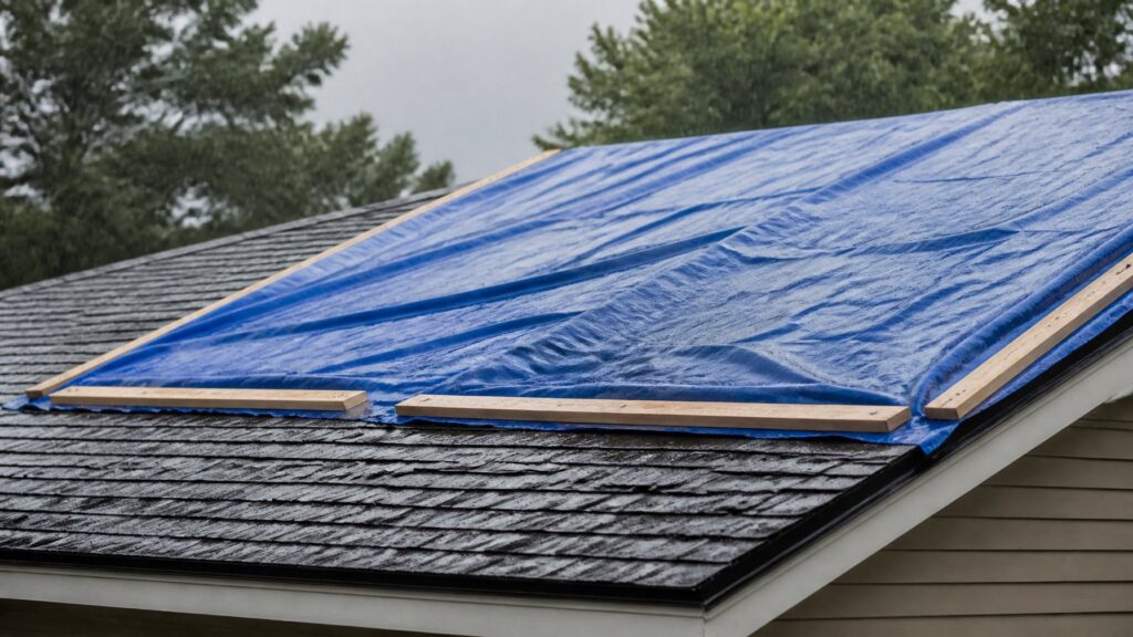 how do you protect roof debris from rain during a roofing project shown with an anchored roof tarp