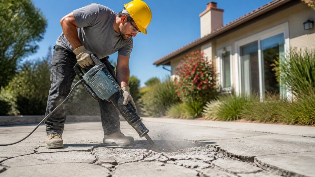 what tools do you need to break up concrete for DIY removal shown with electric demolition hammer on residential patio