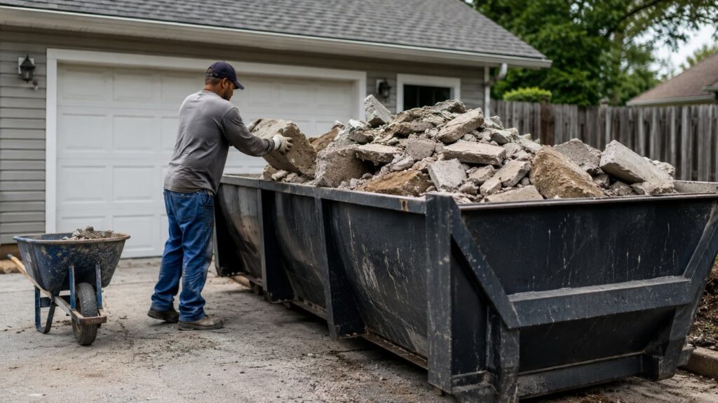 what size dumpster do you need for concrete disposal shown with heavy debris container being loaded with broken concrete