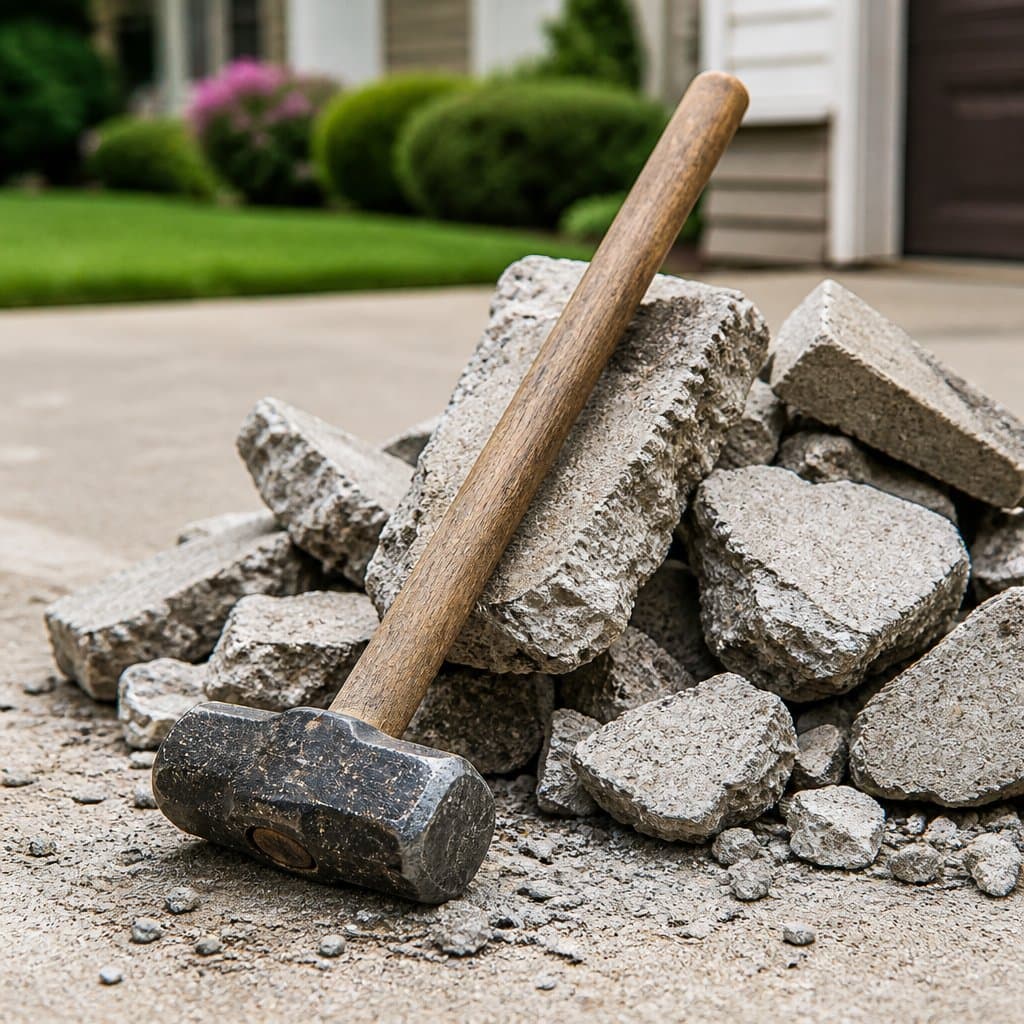 sledgehammer rested against broken concrete