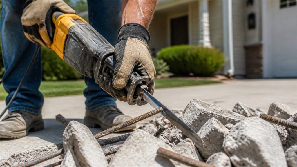 how do you separate rebar and metal from concrete debris shown with reciprocating saw cutting exposed rebar