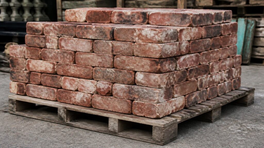 how do you dispose of brick and paver materials responsibly shown with reclaimed clay bricks on salvage pallet