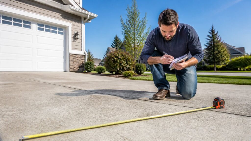 how do you estimate concrete weight to avoid dumpster overload shown with homeowner measuring concrete slab