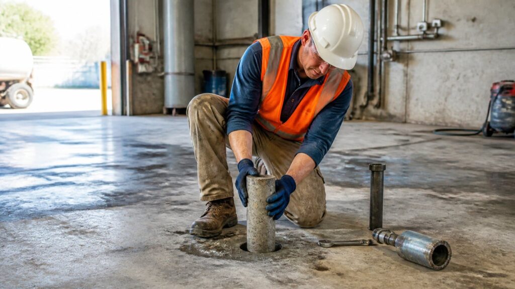 how do you dispose of contaminated concrete with hazardous additives shown with technician collecting sample from oil-stained concrete floor