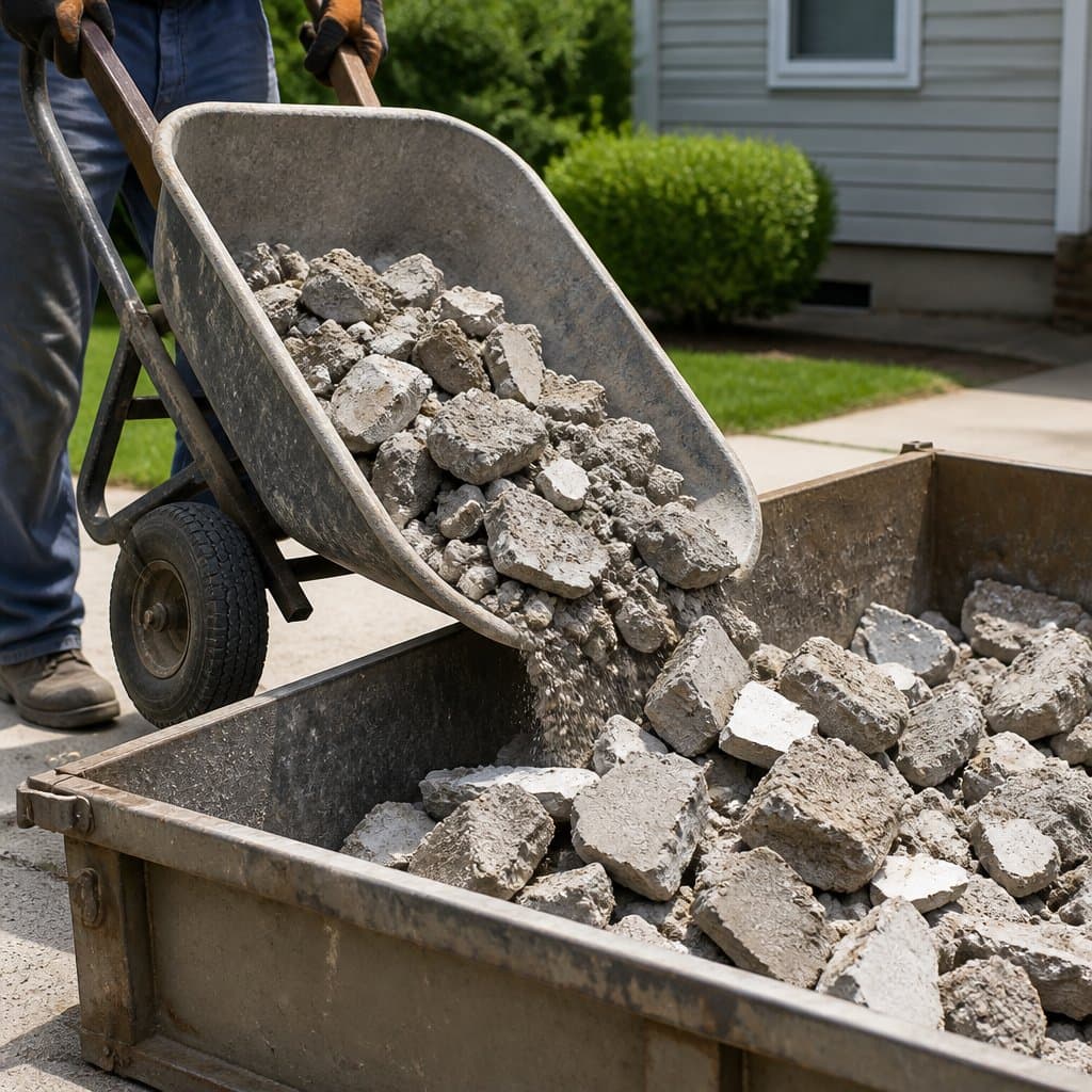 a homeowner tipping broken  concrete into a container from a wheelbarrow