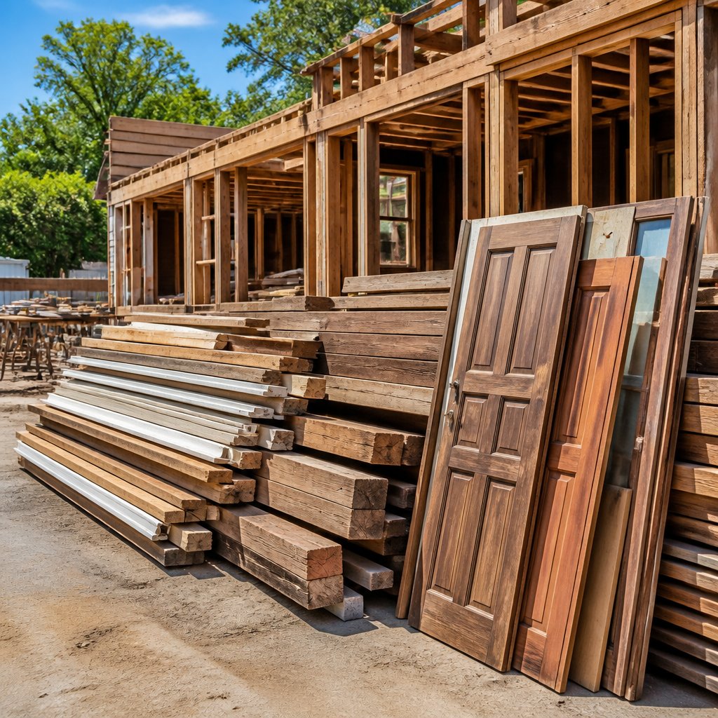 Salvaged lumber set aside during a deconstruction project