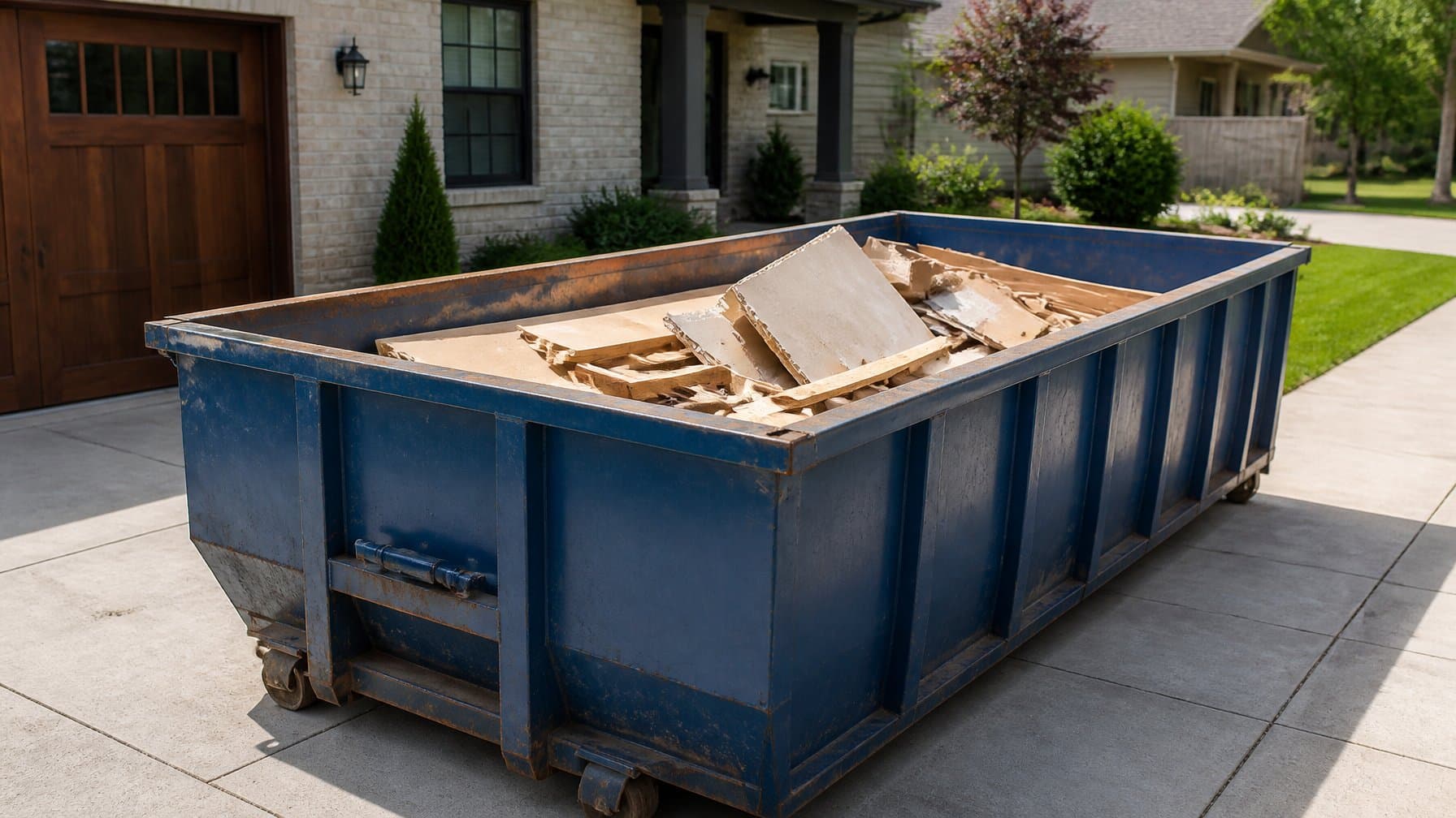 Renovation debris loaded into a roll-off dumpster, illustrating the 15 vs 20 yard dumpster size decision