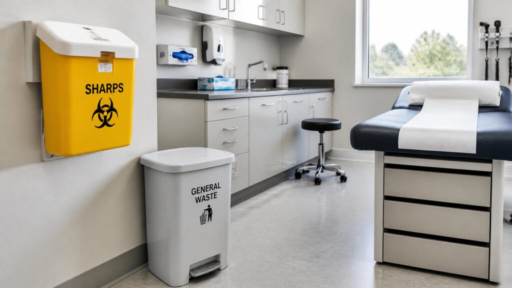 Medical office waste disposal compliance with separated regulated waste containers