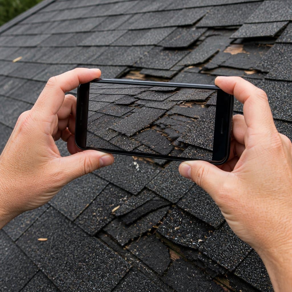 Documenting storm roof damage before dumpster rental for insurance claim