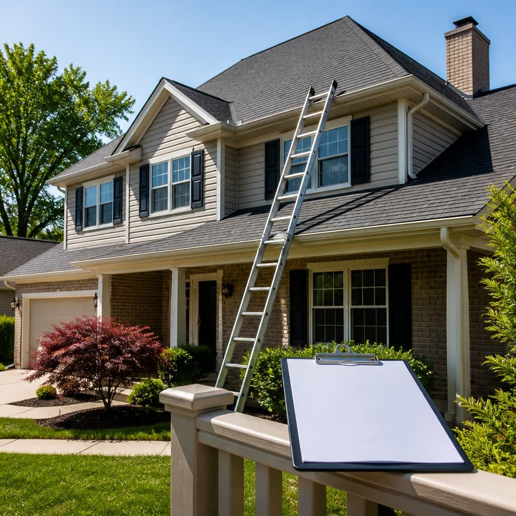 Insurance adjuster inspection before roof storm debris dumpster delivery