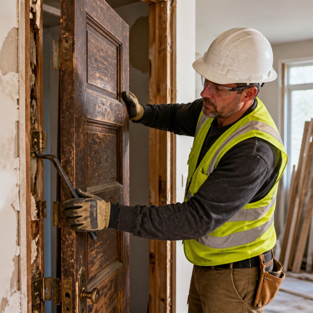 Worker carefully salvaging a door during a demolition project
