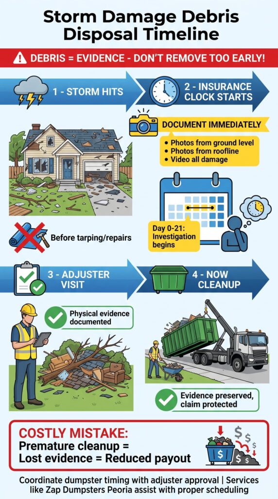 infographic detailing the insurance timeline for dealing with storm damage debris