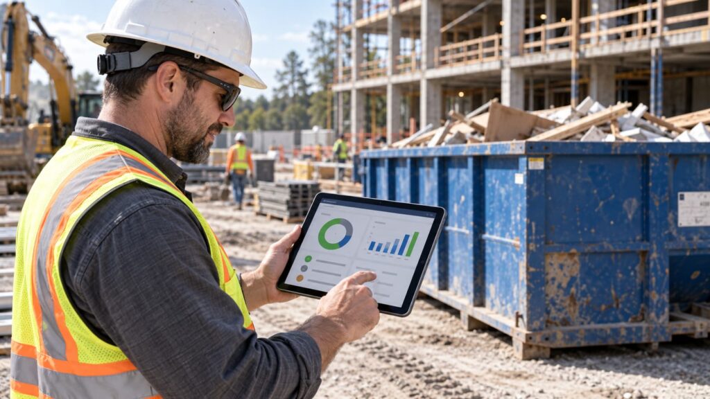 contractor using a construction waste tracking app on a jobsite